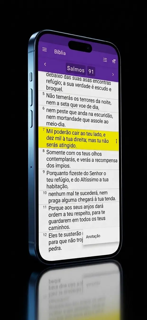 Tela do app Bíblia Decifrada em um celular: Salmos 91 com um versículo marcado e uma anotação aberta.