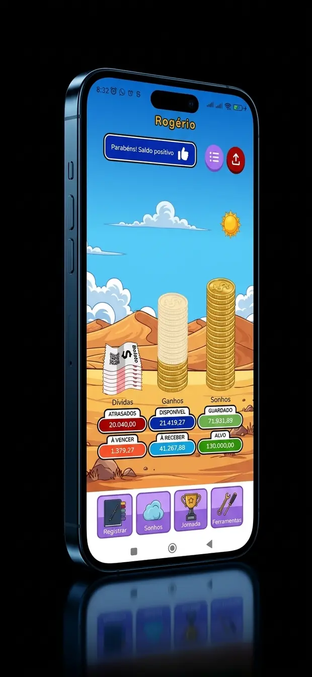 Tela do app Ganhando a Vida em um celular: painel com dívidas, ganhos e sonhos representados por pilhas de moedas.