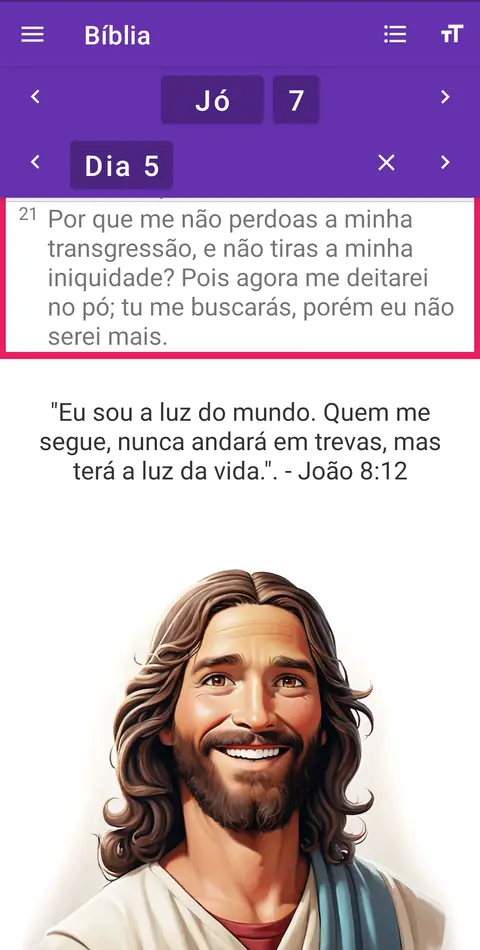 Fim de uma leitura guiada: ao concluir o dia, o leitor recebe uma frase de incentivo de um personagem bíblico.
