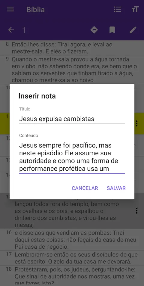 Caixa de inserir nota aberta sobre o texto bíblico, com campos de título e conteúdo para anotar o estudo sem sair do capítulo.