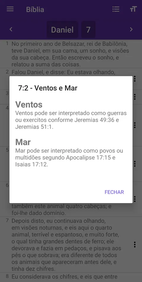 Interpretação de profecia em Daniel 7: uma janela explica o significado histórico de “ventos” e “mar”, com as referências que sustentam a leitura.