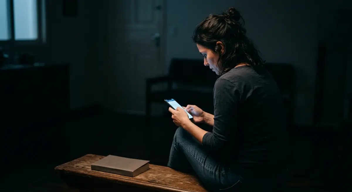Uma mulher sentada sozinha num banco de madeira, lendo no celular à luz da tela, com um livro fechado ao lado.