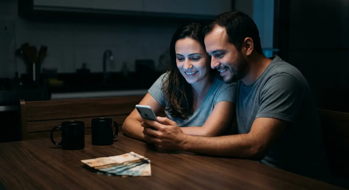 Um casal à mesa da cozinha à noite, encostados um no outro, olhando juntos para o mesmo celular e sorrindo; ao lado, duas canecas e algumas cédulas guardadas sobre a mesa.