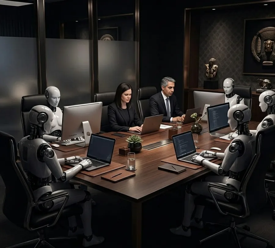 Duas pessoas trabalhando à mesa de reunião ao lado de quatro robôs humanoides em notebooks: a equipe humana da Mundo Virtual e a capacidade multiplicada por IA.