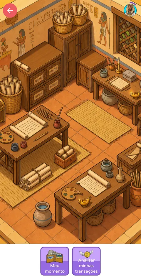 Cenário ilustrado do mentor José do Egito: uma sala de escriba com mesas, papiros e cestos, de onde se acessa “Meu momento” e a análise de transações.