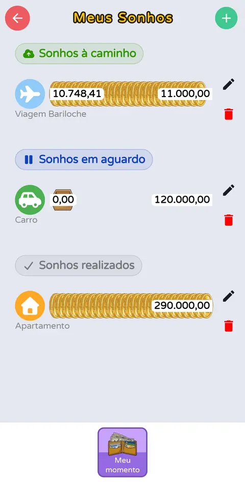 Tela “Meus Sonhos”: objetivos separados em sonhos a caminho, em aguardo e realizados, cada um com o valor guardado e o alvo.
