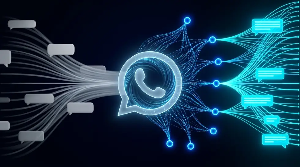 Mensagens desorganizadas entrando de um lado e saindo organizadas do outro, através de um núcleo de inteligência artificial ligado ao WhatsApp.