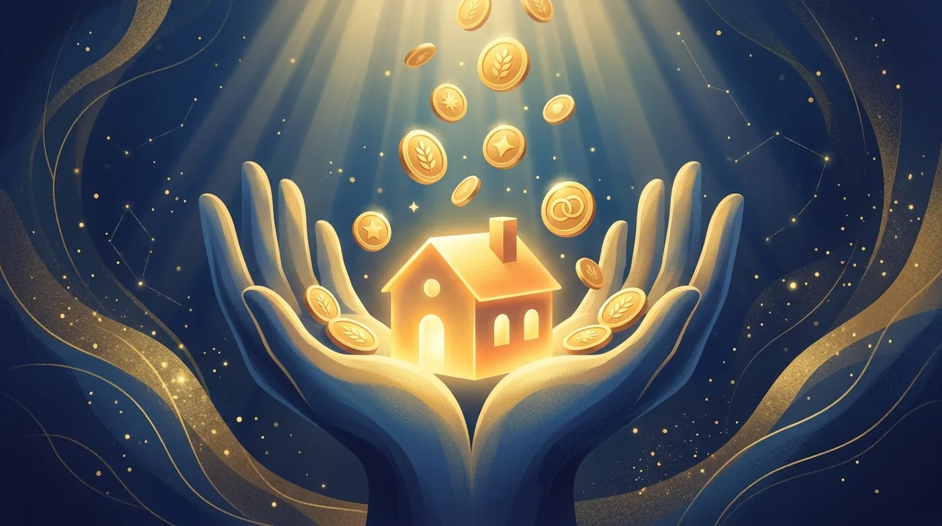Mãos abertas segurando uma casa iluminada enquanto moedas douradas caem sobre ela